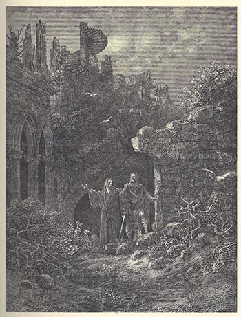 Yniol en Geraint betreden het vervallen kasteel.