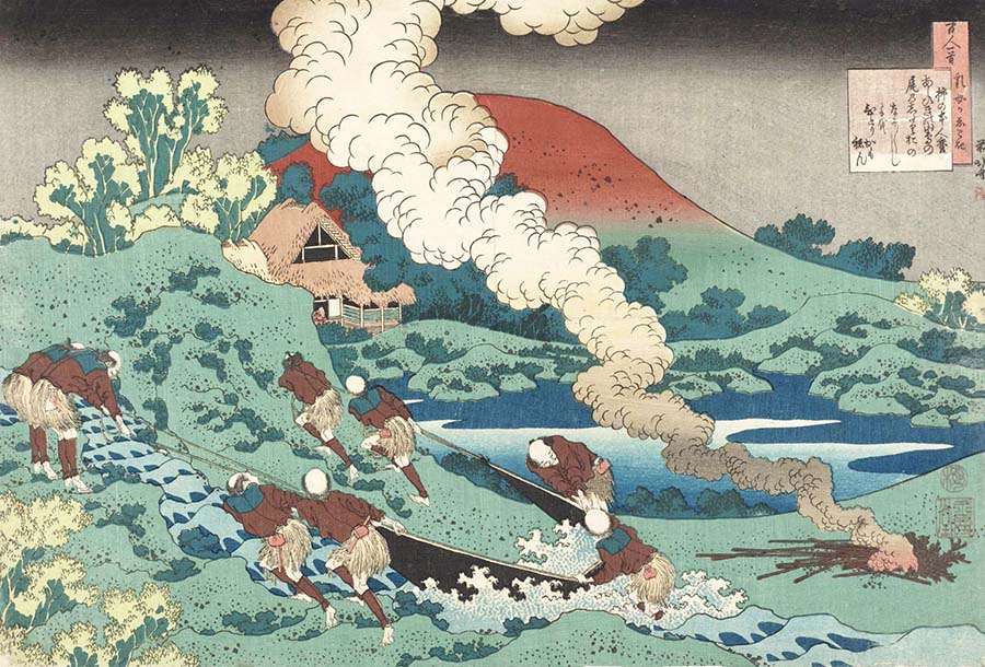 Hokusai, afbeelding behorende bij het gedicht van Kakinomoto no Hitomaro