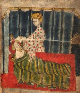 Gawain verleid door de vrouw van de edelman.