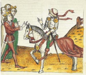 Koning Arthur en koningin Guinevere verwelkomen Parzival.