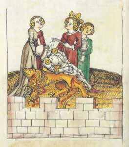Gawain wordt verzorgt door de koningin.